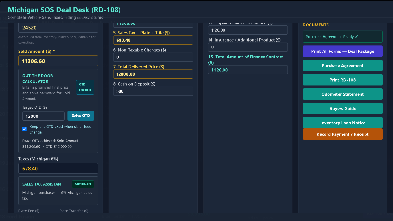 MI Dealer Michigan SOS Deal Desk and RD-108 workflow