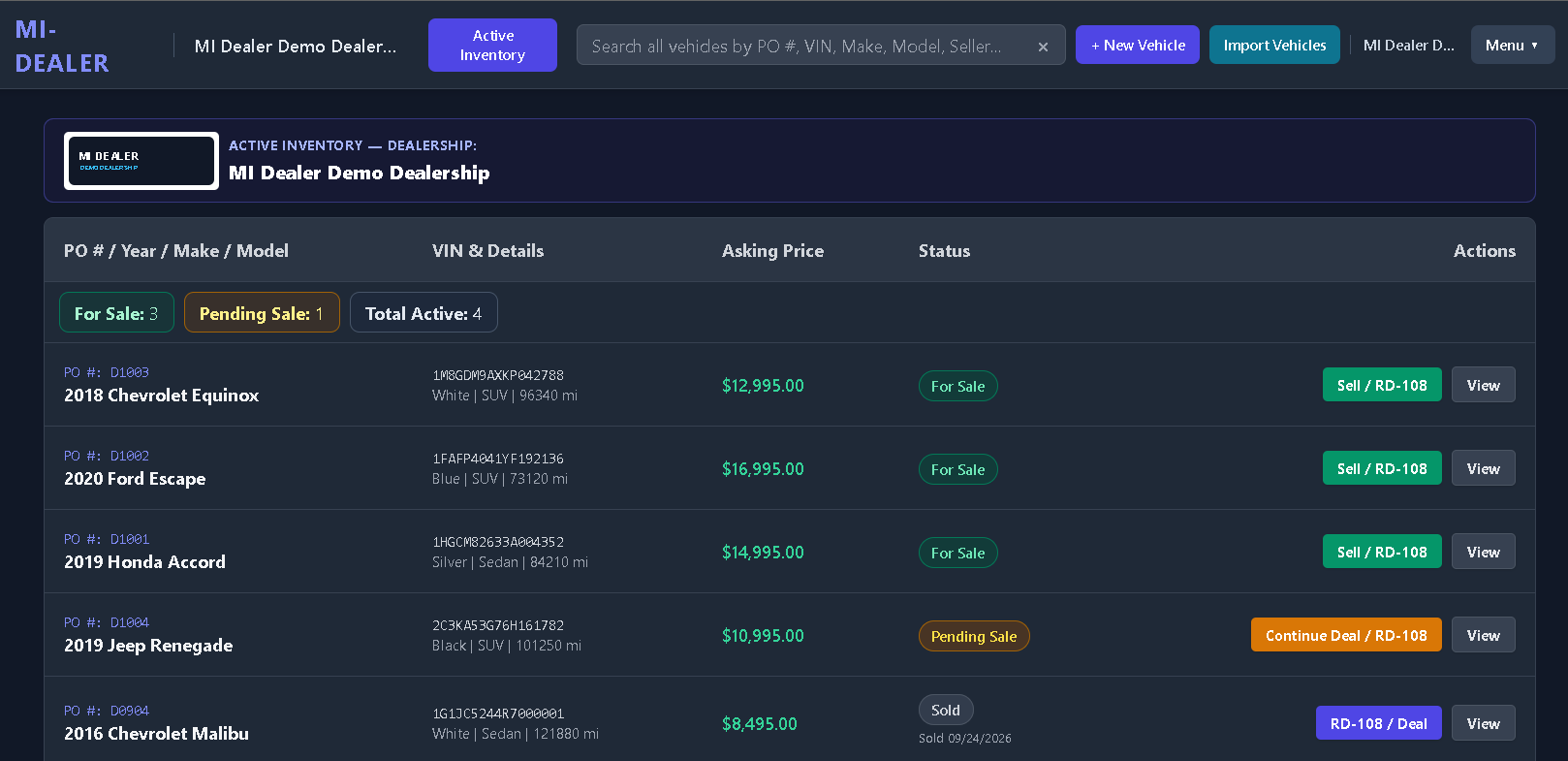MI Dealer active vehicle inventory
